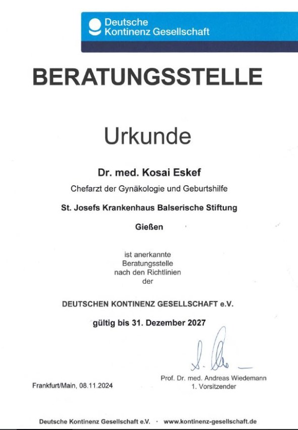 Urkunde Beratungsstelle Inkontinenzgesellschaft 2024-2027